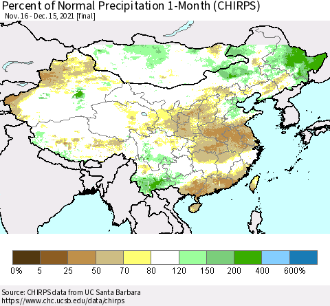 China, Mongolia and Taiwan Percent of Normal Precipitation 1-Month (CHIRPS) Thematic Map For 11/16/2021 - 12/15/2021