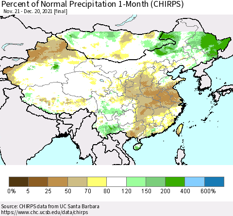 China, Mongolia and Taiwan Percent of Normal Precipitation 1-Month (CHIRPS) Thematic Map For 11/21/2021 - 12/20/2021