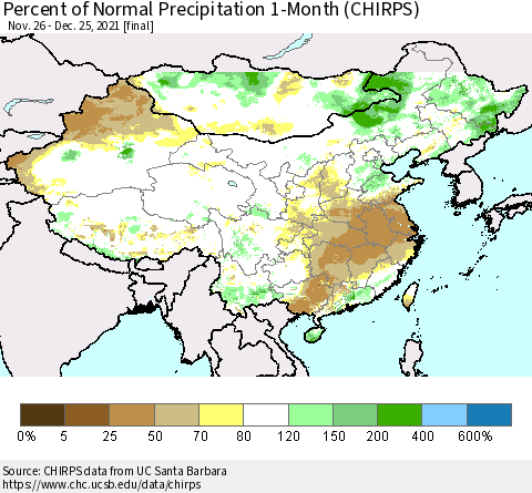 China, Mongolia and Taiwan Percent of Normal Precipitation 1-Month (CHIRPS) Thematic Map For 11/26/2021 - 12/25/2021