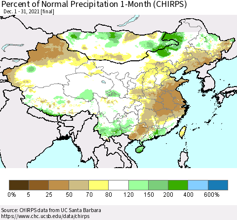 China, Mongolia and Taiwan Percent of Normal Precipitation 1-Month (CHIRPS) Thematic Map For 12/1/2021 - 12/31/2021