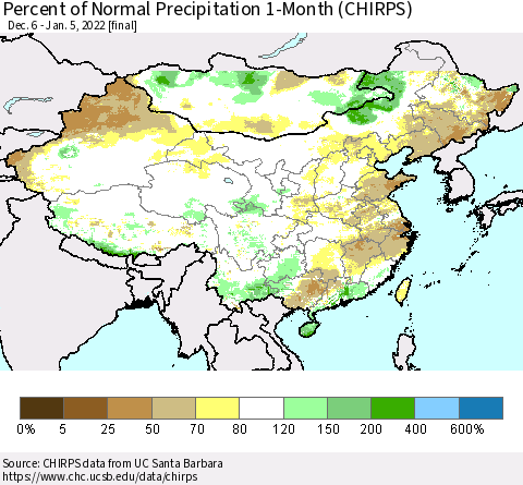 China, Mongolia and Taiwan Percent of Normal Precipitation 1-Month (CHIRPS) Thematic Map For 12/6/2021 - 1/5/2022