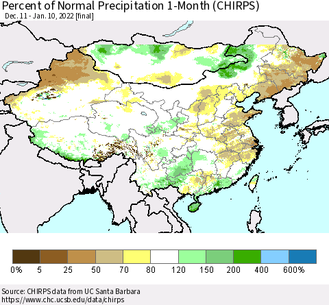 China, Mongolia and Taiwan Percent of Normal Precipitation 1-Month (CHIRPS) Thematic Map For 12/11/2021 - 1/10/2022