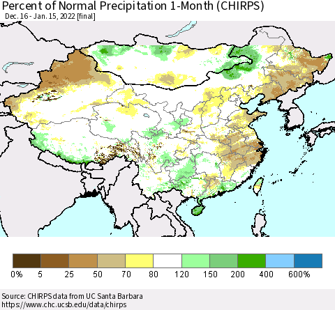 China, Mongolia and Taiwan Percent of Normal Precipitation 1-Month (CHIRPS) Thematic Map For 12/16/2021 - 1/15/2022
