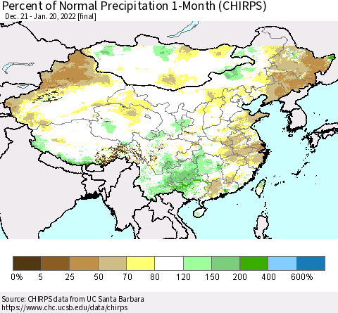 China, Mongolia and Taiwan Percent of Normal Precipitation 1-Month (CHIRPS) Thematic Map For 12/21/2021 - 1/20/2022
