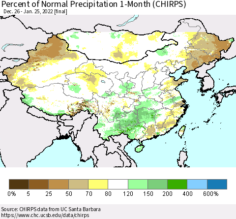 China, Mongolia and Taiwan Percent of Normal Precipitation 1-Month (CHIRPS) Thematic Map For 12/26/2021 - 1/25/2022
