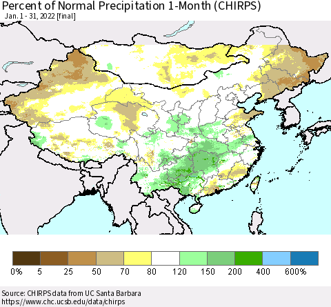 China, Mongolia and Taiwan Percent of Normal Precipitation 1-Month (CHIRPS) Thematic Map For 1/1/2022 - 1/31/2022