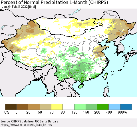 China, Mongolia and Taiwan Percent of Normal Precipitation 1-Month (CHIRPS) Thematic Map For 1/6/2022 - 2/5/2022