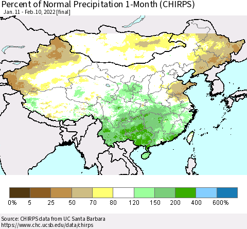 China, Mongolia and Taiwan Percent of Normal Precipitation 1-Month (CHIRPS) Thematic Map For 1/11/2022 - 2/10/2022