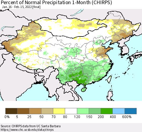 China, Mongolia and Taiwan Percent of Normal Precipitation 1-Month (CHIRPS) Thematic Map For 1/16/2022 - 2/15/2022