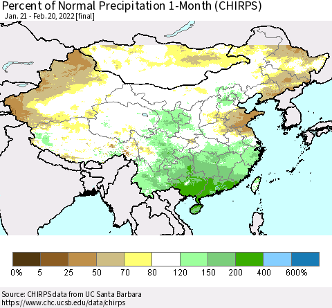 China, Mongolia and Taiwan Percent of Normal Precipitation 1-Month (CHIRPS) Thematic Map For 1/21/2022 - 2/20/2022