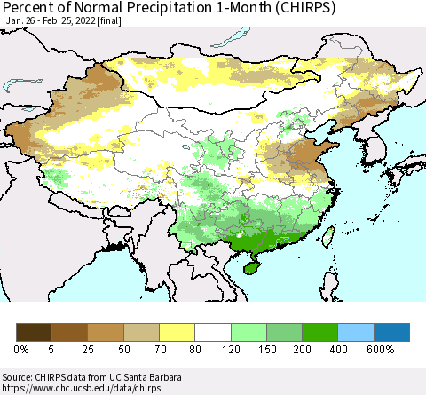China, Mongolia and Taiwan Percent of Normal Precipitation 1-Month (CHIRPS) Thematic Map For 1/26/2022 - 2/25/2022