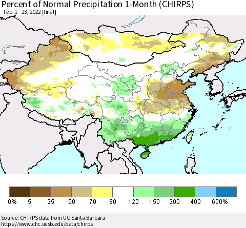 China, Mongolia and Taiwan Percent of Normal Precipitation 1-Month (CHIRPS) Thematic Map For 2/1/2022 - 2/28/2022