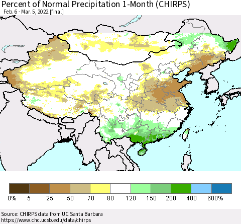 China, Mongolia and Taiwan Percent of Normal Precipitation 1-Month (CHIRPS) Thematic Map For 2/6/2022 - 3/5/2022