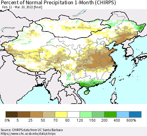 China, Mongolia and Taiwan Percent of Normal Precipitation 1-Month (CHIRPS) Thematic Map For 2/11/2022 - 3/10/2022