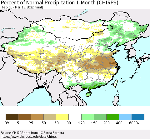 China, Mongolia and Taiwan Percent of Normal Precipitation 1-Month (CHIRPS) Thematic Map For 2/16/2022 - 3/15/2022