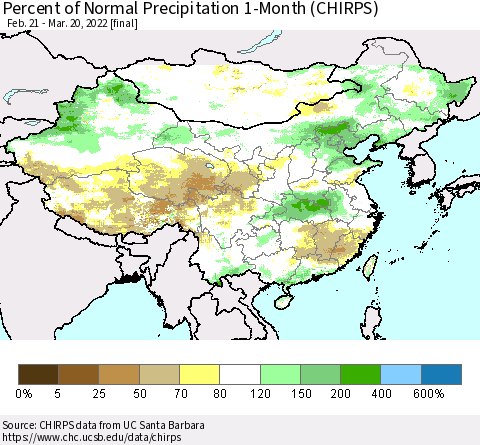 China, Mongolia and Taiwan Percent of Normal Precipitation 1-Month (CHIRPS) Thematic Map For 2/21/2022 - 3/20/2022
