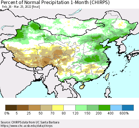 China, Mongolia and Taiwan Percent of Normal Precipitation 1-Month (CHIRPS) Thematic Map For 2/26/2022 - 3/25/2022