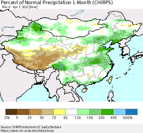 China, Mongolia and Taiwan Percent of Normal Precipitation 1-Month (CHIRPS) Thematic Map For 3/6/2022 - 4/5/2022