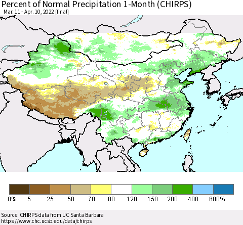 China, Mongolia and Taiwan Percent of Normal Precipitation 1-Month (CHIRPS) Thematic Map For 3/11/2022 - 4/10/2022