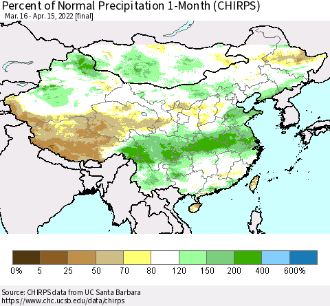 China, Mongolia and Taiwan Percent of Normal Precipitation 1-Month (CHIRPS) Thematic Map For 3/16/2022 - 4/15/2022