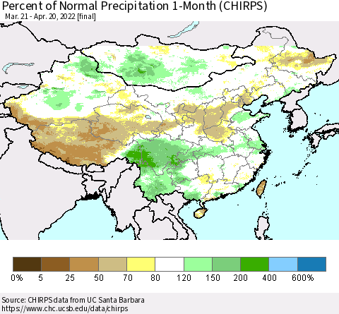 China, Mongolia and Taiwan Percent of Normal Precipitation 1-Month (CHIRPS) Thematic Map For 3/21/2022 - 4/20/2022
