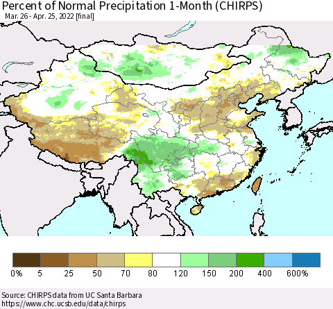 China, Mongolia and Taiwan Percent of Normal Precipitation 1-Month (CHIRPS) Thematic Map For 3/26/2022 - 4/25/2022