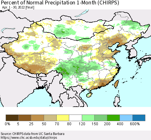 China, Mongolia and Taiwan Percent of Normal Precipitation 1-Month (CHIRPS) Thematic Map For 4/1/2022 - 4/30/2022