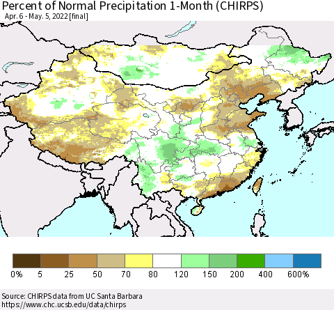 China, Mongolia and Taiwan Percent of Normal Precipitation 1-Month (CHIRPS) Thematic Map For 4/6/2022 - 5/5/2022