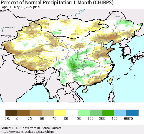 China, Mongolia and Taiwan Percent of Normal Precipitation 1-Month (CHIRPS) Thematic Map For 4/11/2022 - 5/10/2022