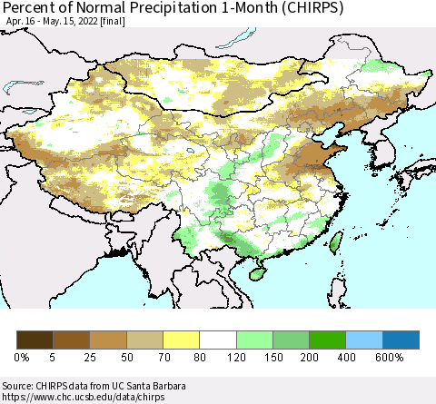 China, Mongolia and Taiwan Percent of Normal Precipitation 1-Month (CHIRPS) Thematic Map For 4/16/2022 - 5/15/2022