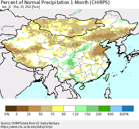 China, Mongolia and Taiwan Percent of Normal Precipitation 1-Month (CHIRPS) Thematic Map For 4/21/2022 - 5/20/2022