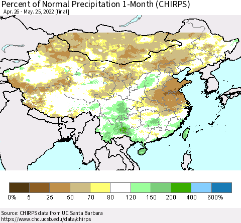 China, Mongolia and Taiwan Percent of Normal Precipitation 1-Month (CHIRPS) Thematic Map For 4/26/2022 - 5/25/2022