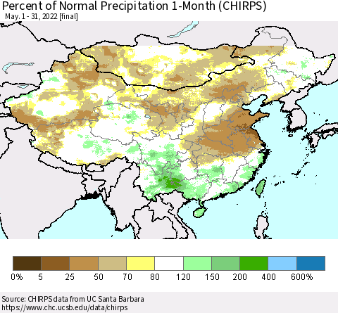 China, Mongolia and Taiwan Percent of Normal Precipitation 1-Month (CHIRPS) Thematic Map For 5/1/2022 - 5/31/2022