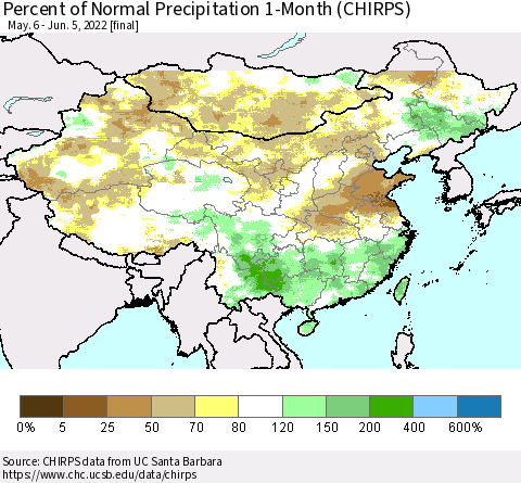 China, Mongolia and Taiwan Percent of Normal Precipitation 1-Month (CHIRPS) Thematic Map For 5/6/2022 - 6/5/2022