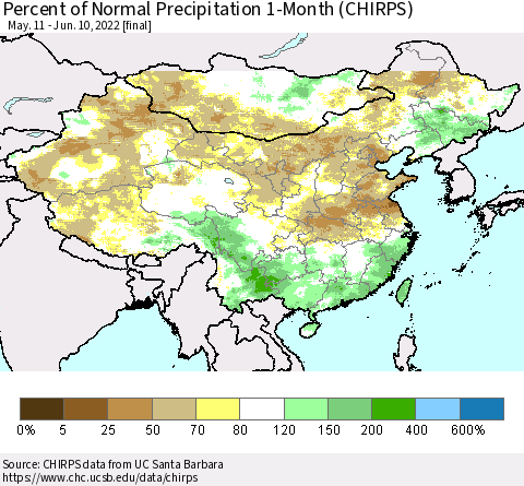 China, Mongolia and Taiwan Percent of Normal Precipitation 1-Month (CHIRPS) Thematic Map For 5/11/2022 - 6/10/2022