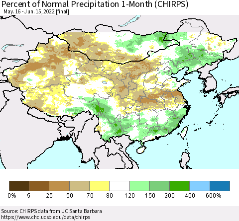 China, Mongolia and Taiwan Percent of Normal Precipitation 1-Month (CHIRPS) Thematic Map For 5/16/2022 - 6/15/2022