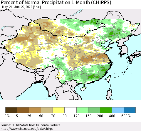 China, Mongolia and Taiwan Percent of Normal Precipitation 1-Month (CHIRPS) Thematic Map For 5/21/2022 - 6/20/2022