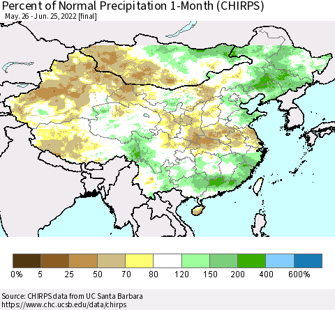 China, Mongolia and Taiwan Percent of Normal Precipitation 1-Month (CHIRPS) Thematic Map For 5/26/2022 - 6/25/2022
