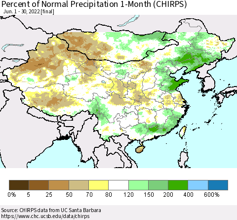 China, Mongolia and Taiwan Percent of Normal Precipitation 1-Month (CHIRPS) Thematic Map For 6/1/2022 - 6/30/2022