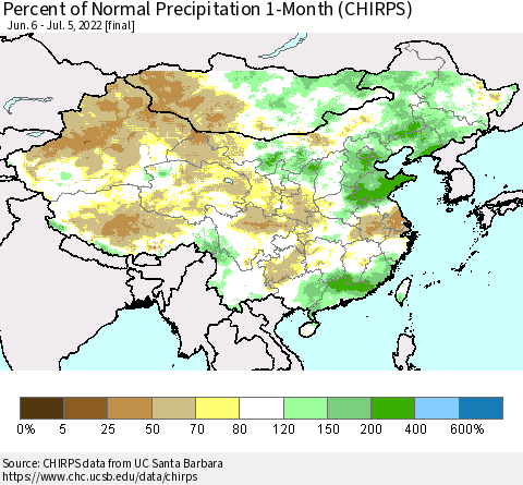 China, Mongolia and Taiwan Percent of Normal Precipitation 1-Month (CHIRPS) Thematic Map For 6/6/2022 - 7/5/2022