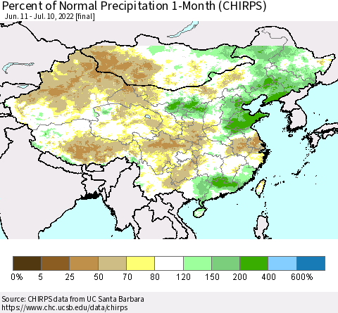 China, Mongolia and Taiwan Percent of Normal Precipitation 1-Month (CHIRPS) Thematic Map For 6/11/2022 - 7/10/2022