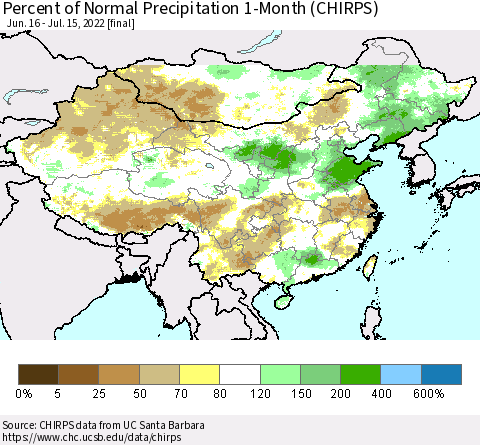 China, Mongolia and Taiwan Percent of Normal Precipitation 1-Month (CHIRPS) Thematic Map For 6/16/2022 - 7/15/2022