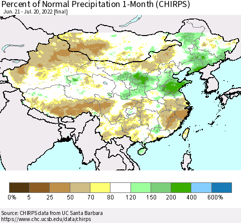 China, Mongolia and Taiwan Percent of Normal Precipitation 1-Month (CHIRPS) Thematic Map For 6/21/2022 - 7/20/2022