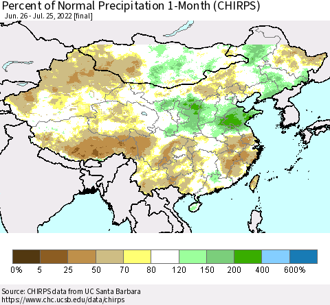 China, Mongolia and Taiwan Percent of Normal Precipitation 1-Month (CHIRPS) Thematic Map For 6/26/2022 - 7/25/2022