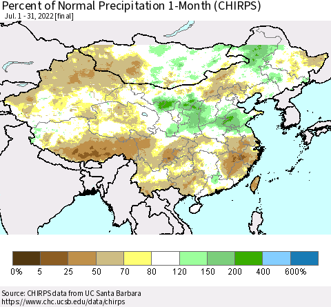 China, Mongolia and Taiwan Percent of Normal Precipitation 1-Month (CHIRPS) Thematic Map For 7/1/2022 - 7/31/2022