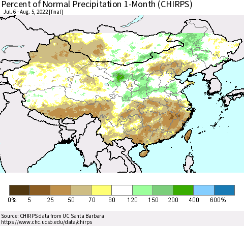 China, Mongolia and Taiwan Percent of Normal Precipitation 1-Month (CHIRPS) Thematic Map For 7/6/2022 - 8/5/2022