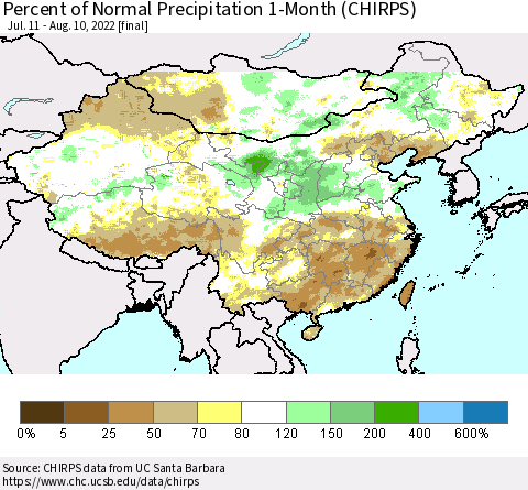 China, Mongolia and Taiwan Percent of Normal Precipitation 1-Month (CHIRPS) Thematic Map For 7/11/2022 - 8/10/2022