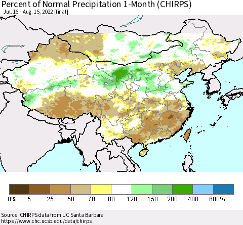 China, Mongolia and Taiwan Percent of Normal Precipitation 1-Month (CHIRPS) Thematic Map For 7/16/2022 - 8/15/2022
