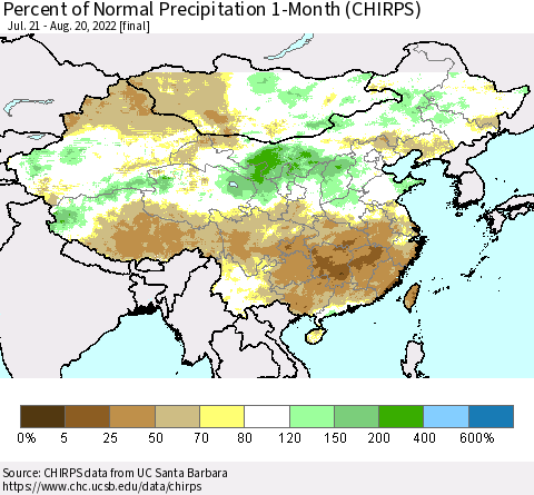 China, Mongolia and Taiwan Percent of Normal Precipitation 1-Month (CHIRPS) Thematic Map For 7/21/2022 - 8/20/2022