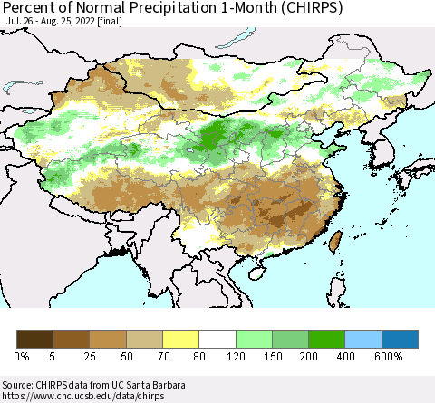 China, Mongolia and Taiwan Percent of Normal Precipitation 1-Month (CHIRPS) Thematic Map For 7/26/2022 - 8/25/2022